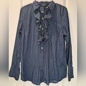 Lauren Ralph Lauren Ruffle Front Button Down Top Blue Print Size L